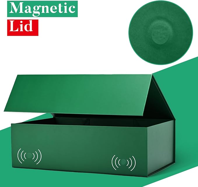 LIFELUM 5 Pack Christmas Gift Boxes Large Green Boxes of Gifts 13.85 x 8.35 x 4.45 inch Gift Boxes Storage Gift Boxes with Strong Magnetic Lid for Presents Contains Card, Ribbon, Filler,Sticker