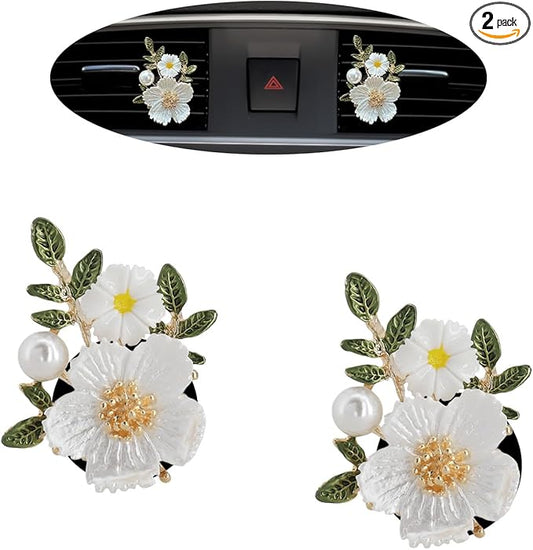 Flower Car Accessories,2pcs White Daisy Bouquet Air Freshener Vent Clips,Car Interior DashBoard Decorations Aesthetics for Women,Refillable Aroma Diffuser