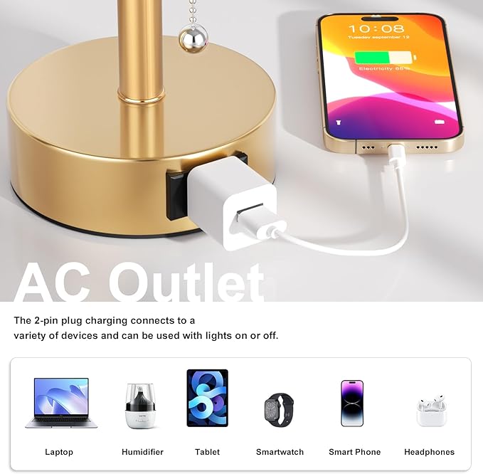 Fenmzee Gold Bedside Table Lamps Set of 2-3 Color Temperatures Pull Chain Lamp with AC Outlet Charging Port, Two Round Night Stand Lamps for Bedroom Office Living Room