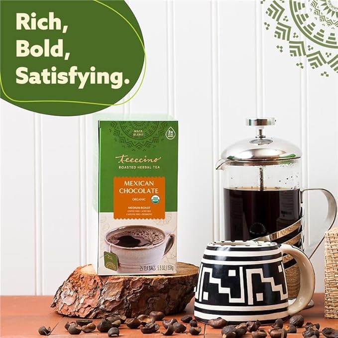 Teeccino Mexican Chocolate Herbal Tea - Rich & Roasted Herbal Tea That’s Caffeine Free & Prebiotic for Natural Energy, 25 Tea Bags
