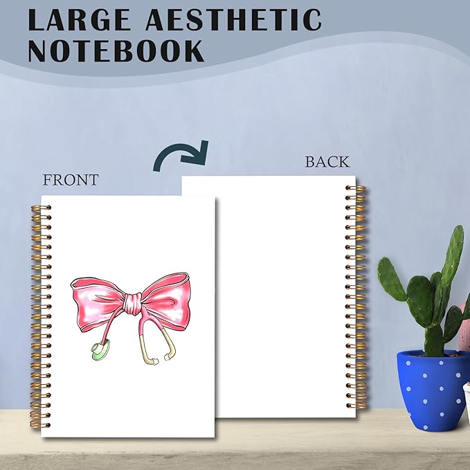Coquette Pink Bow Nurse Spiral Notebooks, Nurse Appreciation Week Day Gifts Journal, Nursing Supplies for Nurses, Preppy Bow Stethoscope Notebook for Note Taking, 5.5x8.3 Inch