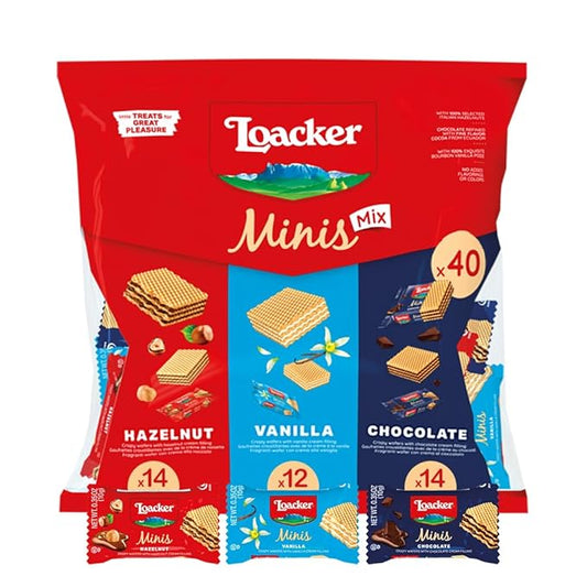 Loacker Minis Wafer Variety Pack - 30% Less Sugar - Premium Assorted Cream Filled Wafer Cookies - Mix of Hazelnut, Chocolate and Vanilla Crispy Wafers - NON-GMO - Sustainably Sourced Ingredients - 10g/0.35oz, 40 Individually Wrapped Snack Packs (mix)