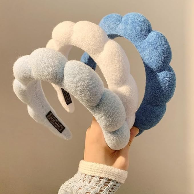 Spa Headbands for Washing Face or Makeup, Sponge Bubble Skincare Headbands, Puffy Terry Cloth Hairband for Women, Skin Care Makeup Headwear Hair Accessories for Girls(Dark blue)