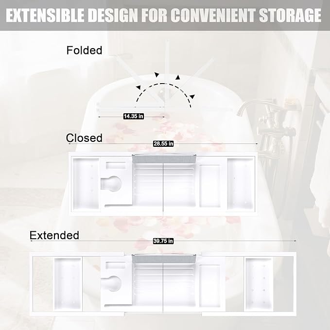 Bathtub Tray Caddy, Expandable Bath Trays for Tub, Bamboo Shelf & Table with Wine Glass Holder,Bathroom Accessories for New Home & Mothers Day & Birthday Gifts for Mom,White