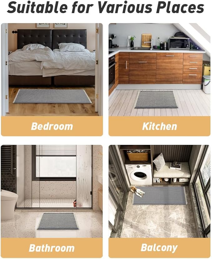 AMOAMI Upgraded Waffle Runner Rug Super Absorbent Non Slip Bath Mats for Bathroom Machine Washable Bathroom Runner Rug with Tassels, Ideal for Hallway Bedroom Laundry Room, 2' x 5', Darkgrey & Cream