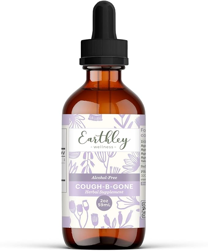 Earthley Wellness, Cough-B-Gone, Alcohol-Free Herbal Tincture for Kids & Adults (6 Months+), Cold and Cough Remedy, Soothes Sore Throats, Promotes Lung Health, and Detoxification (2oz, Kids)