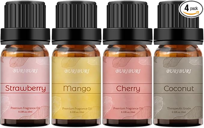 BURIBURI Fruit Essential Oils Gift Set 4Pack - Premium Fruity Fragrance - Strawberry, Cherry, Mango, Coconut for Diffusers, Home, Candle & Soap Making