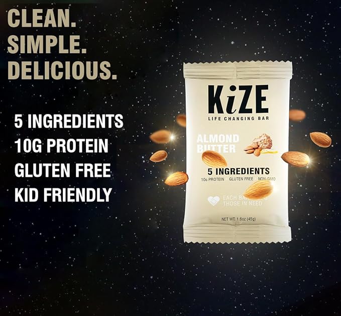 KiZE Energy Bars - Almond Butter - 30-Count - Almond-Butter-Based, Gluten Free, Non-GMO, and High Protein Meal Replacement Energy Bars, Clean and Simple Food Ingredients - 10g High Protein Snacks (30 Count)
