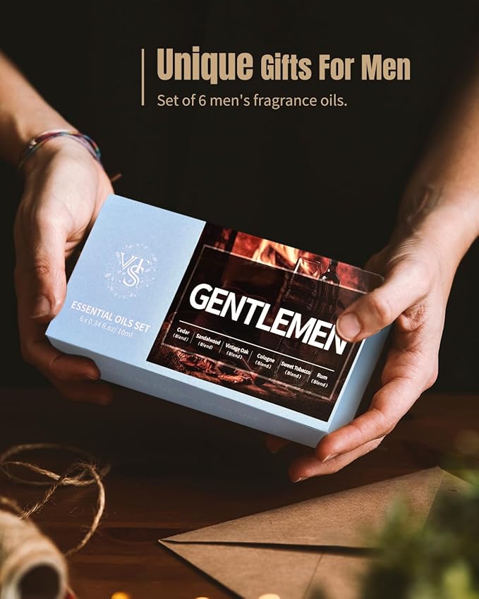 Gentlemen's Essential Oils Set, Men Scents Fragrance Oil - Sandalwood, Cedar, Sweet Tobacco, Rum, Vintage Oak, Cologne Aromatherapy Oils for Diffuser, Candle & Soap Making