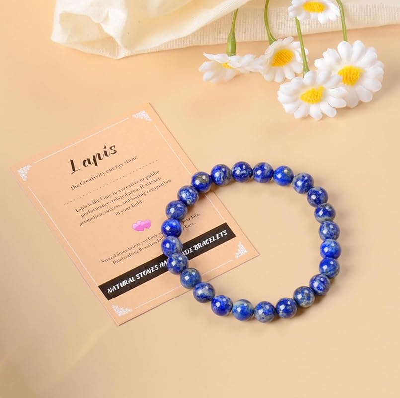 AD Beads Handmade Gemstone Stretch Elastic Bracelet Crystal Healing Reiki Nature's Beauty and Spiritual Essence Unisex (8mm, Lapis Lazuli)