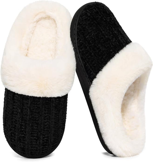 Evshine Warm Knit House Slippers for Women Comfy Wool-Like Lined Chenille Slippers with Memory Foam and Indoor Outdoor Soles