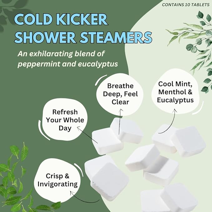 Cold Kicker Shower Steamers Aromatherapy for Sinus Relief - USA Made - Peppermint & Eucalyptus Shower Bomb Tablets – Self Care Gifts for Women and Men – Soothing Natural Essential Oils (10 Pack)