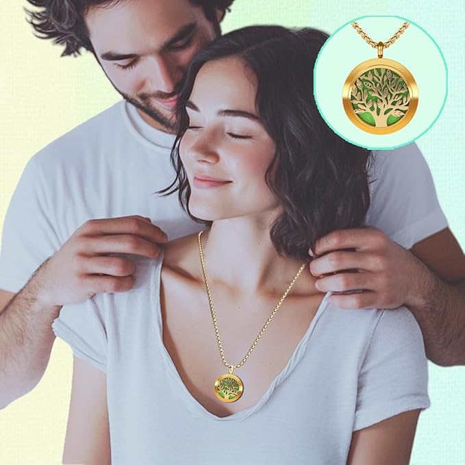 Aromatherapy Diffuser Necklace-Tree of Life Essential Oil Necklace,Aromatherapy Diffuser for Men and Women,Portable,Suitable for Yoga,Meditation,Travel,Stress Relief Gift(Gold 30mm)