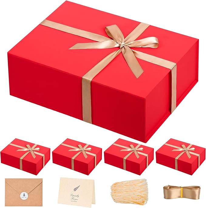 LIFELUM Christmas Gift Boxes 5 Pack 13.85 x 8.35 x 4.45 inch Christmas Gift Boxes for Presents with Ribbon Valentine's Bridesmaid Boxes Contains Card, Ribbon, Shredded Paper Filler for Packing