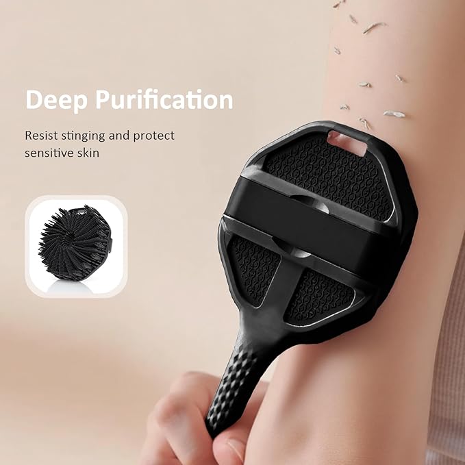 3PCS Extender Handle Set,17in Lengthen Detachable Long Handle Back Brush*1,Silicone Body Scrubber for Gentle Exfoliating and Massage Can Produce Rich Foam*2,Long Handle Back Scrubber for Men (Black)