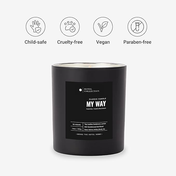 Hotel Collection - My Way Single Wick Classic Candle - Hotel Inpsired Luxury Candle - 90 - Hours Burn Time - Hints of Oud Wood, Leather, and Sandalwood - 14 oz - Black