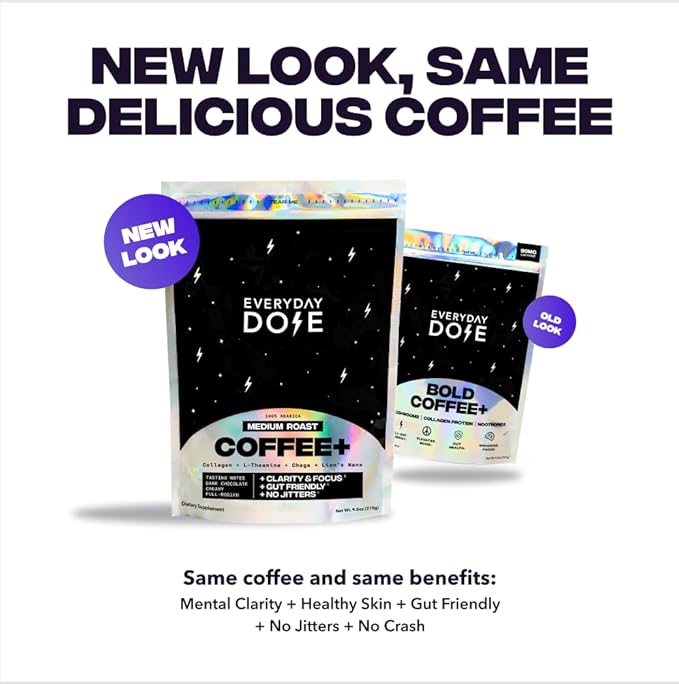 Everyday Dose Bold Medium Roast Mushroom Coffee 90mg Caffeine per serving with Grass-Fed Collagen, Chaga, Lions Mane & L-Theanine for Better Focus, Energy, Digestion, Skin, and Immunity 30 Servings