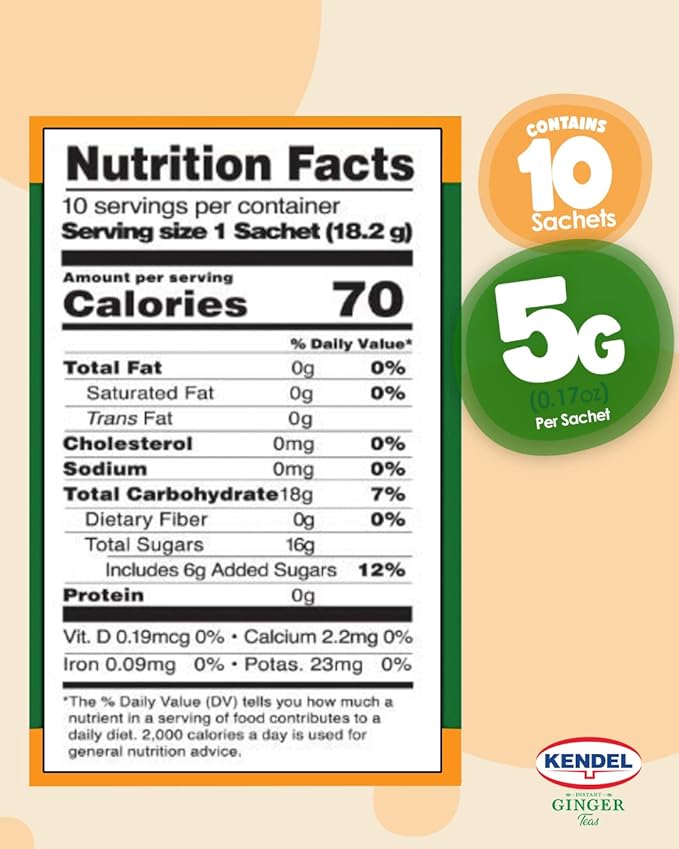 Kendel Instant Ginger Honey Tea, Caffeine Free (10 Sachets). Soothing flavor, Non-GMO