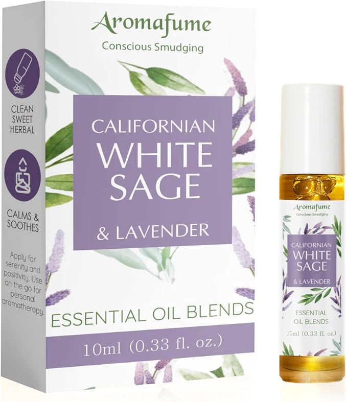 White Sage & Lavender Essential Oil Roll-On Blend by Aromafume | 10ml/0.33 fl oz | Aromatherapy Oil for Cleansing Negative Energy & Protection | Ethically sourced | Sage Oil for Smokeless Smudging