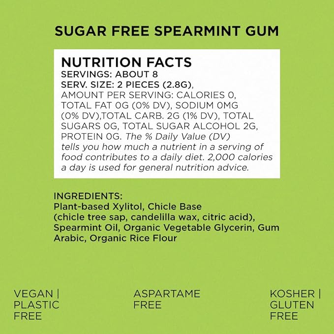 SIMPLY Gum | Dental Gum | Xylitol Chewing Gum - Sugar Free | Spearmint | Pack of Six (90 Pieces Total) | Synthetic Plastic Free + Sugar Free + Aspartame Free