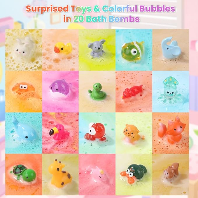 DIYDEC 20pcs Bath Bombs with Surprise Inside Bath Bombs with Mini Resin Animals for Kids Adult Valentines Easter Bubble Bath Great Gift for Christmas Halloween Boys Girls Birthday