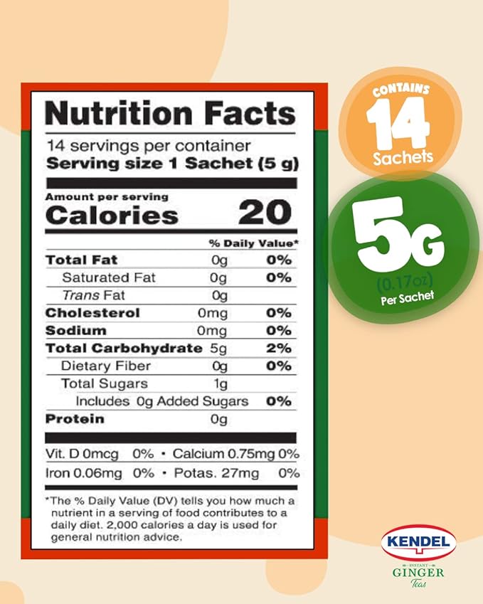 Kendel Instant Ginger Herbal Tea, Made from Real Ginger Crushed into Powder, May Aid Digestion, Add Hot or Cold Water to Drink, Caffeine Free, Herb Powder Drink (Unsweetened, 14 Packets)