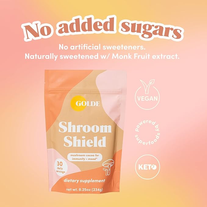 GOLDE Shroom Shield - Plant Based Superfood Blend w/Turkey Tail Mushroom & Reishi Mushroom Extract - Stress Defense - Antioxidants & Prebiotics - Vegan, Keto, & Sugar-Free Hot Cocoa - 30 Servings