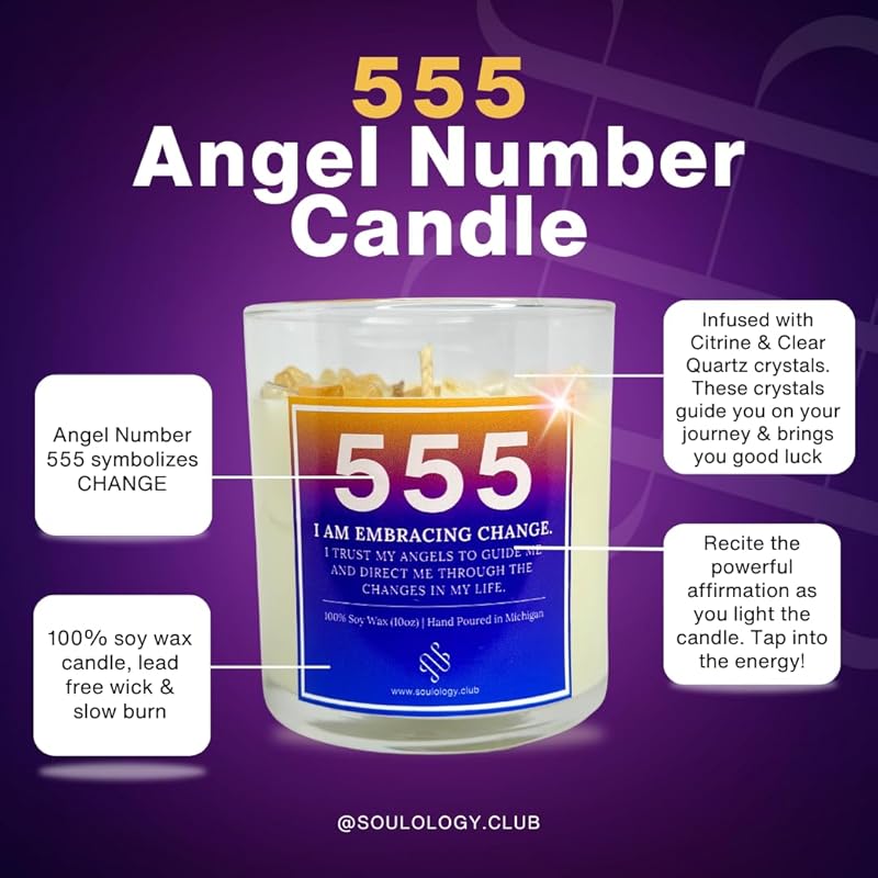 555 Angel Number Candle, 10oz, Crystal candle, 100% Soy Wax & Phthalate-Free Fragrance candles, Gifts candles for women, Angel Number Gift, Healing Candle, Spiritual Candle