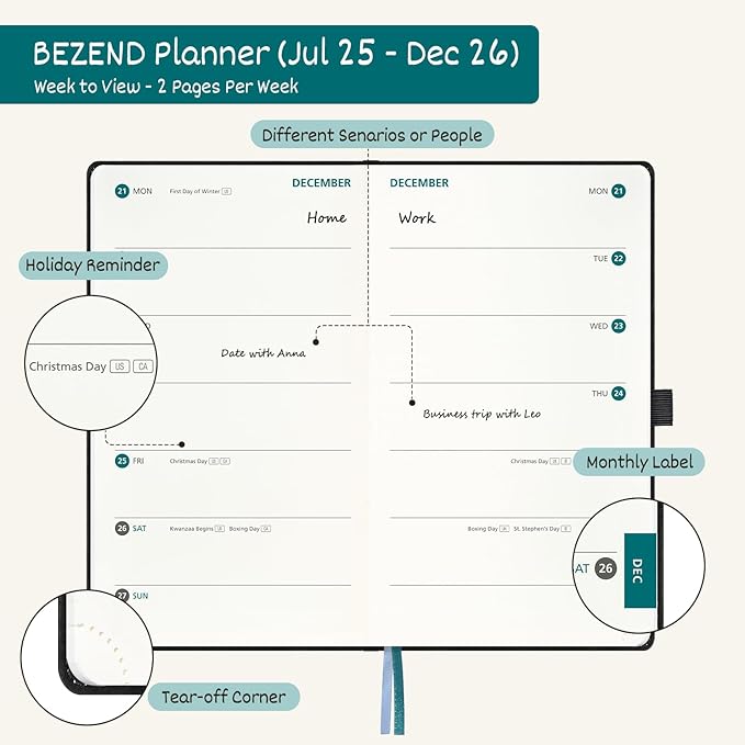 BEZEND Pocket Planner 2026 Weekly and Monthly (3.5" x 6"), 2-Column Calendar Book for Purse (Jul 25-Dec 26), Dual Schedule for Daily Appointment, Inner Pocket, PU Leather Hardcover - Fruit Green