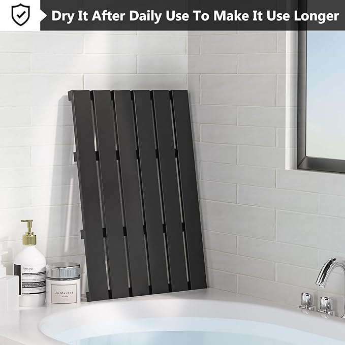 Domax Wooden Bamboo Bath Shower Mat- Non-Slip Waterproof Large Bathroom Floor Mat for Indoor Outdoor (Black, 21.26 x 14.17 x 1.3 Inches)