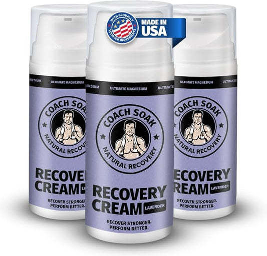 Coach Soak Topical Magnesium Lotion with MSM - Natural Recovery Cream with Magnesium Chloride, Vitamin C & Menthol, Rapid Absorption & Relaxation for Sore Muscles, Lavender (3 Pack, Total 10oz)