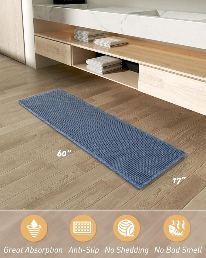 AMOAMI Upgraded Waffle Runner Rug Super Absorbent Non Slip Bath Mats for Bathroom Machine Washable Bathroom Runner Rug with Tassels, Ideal for Hallway Bedroom Laundry Room, 17" x 60", Blue