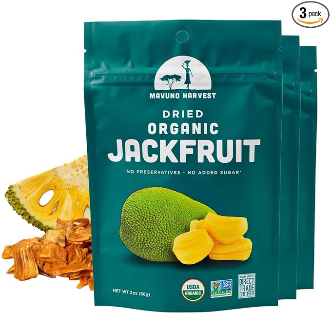 Mavuno Harvest Jackfruit Dried Fruit Snacks | Unsweetened Organic Dried Jackfruit Chips | Gluten Free Healthy Snacks for Kids and Adults | Vegan, Non GMO, Direct Trade | 2 Ounce, Pack of 3