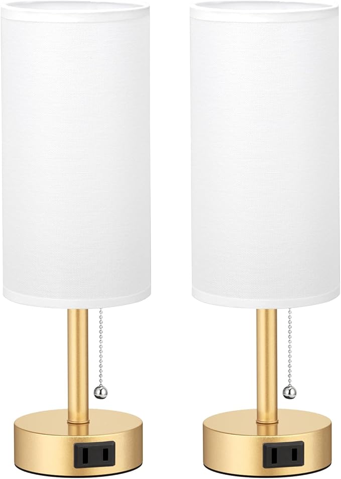 Fenmzee Gold Bedside Table Lamps Set of 2-3 Color Temperatures Pull Chain Lamp with AC Outlet Charging Port, Two Round Night Stand Lamps for Bedroom Office Living Room