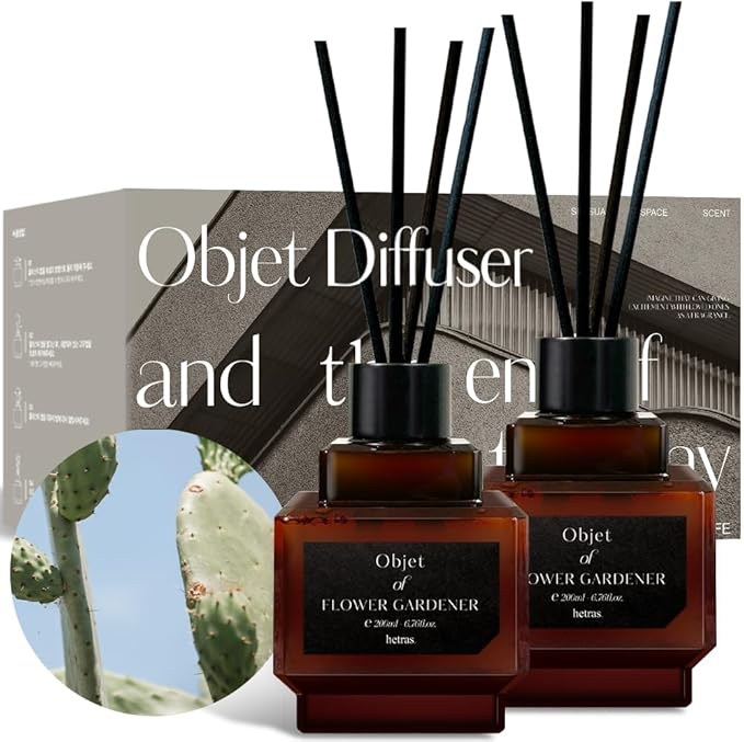 hetras Objet Diffuser Gift Set 6.7 fl.oz. 2 Pack | Cactus - Fresh Greenery Scent | Long-Lasting Scented Room Fresheners with 8 Reed Sticks for Home Fragrance Bedroom Bathroom Shelf Décor