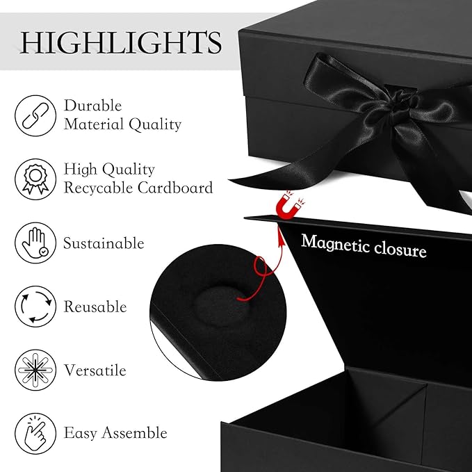 Black Gift Box with Ribbon Magnetic Lids 10.2x9x3.74 in, Bridesmaid Groomsman Proposal Boxes, Wedding Graduation Storage Box 2 Pack