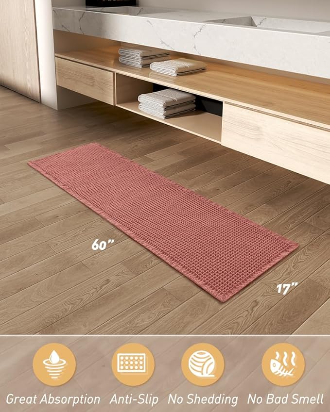 AMOAMI Upgraded Waffle Runner Rug Super Absorbent Non Slip Bath Mats for Bathroom Machine Washable Bathroom Runner Rug with Tassels, Ideal for Hallway Bedroom Laundry Room, 17" x 72", Coral