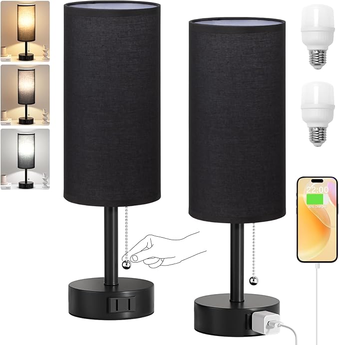 Fenmzee Black Bedside Table Lamps Set of 2-3 Color Temperatures Pull Chain Lamp with AC Outlet Charging Port, Round Night Stand Lamps for Bedroom Office, Small Bed Side Light with E26 LED Bulbs