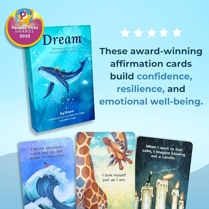 Big Life Journal Dream Affirmation Cards, 52 Beautifully Illustrated Cards Positive Mindful for Kids with Display Stand, Daily Inspiration for Self-Esteem, Positivity, Ideal Gifts for Teens & Teachers