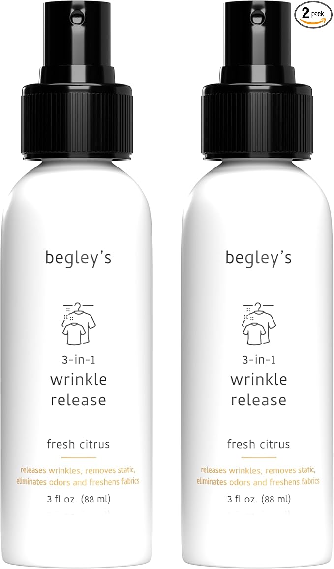 Begley's 3-in-1 Wrinkle Remover, Quick Fix Wrinkle Release, Static Cling Remover, Odor Eliminator and Fabric Refresher Spray - USDA Certified Biobased - Citrus, 3 oz Travel Size