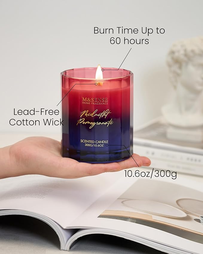M&SENSE Midnight Pomegranate Scented Candles, 10.6oz 60 Hours Natural Soy Wax Long Burning Aromatherapy Candle for Meditation Relaxing Home Decor for Women Men