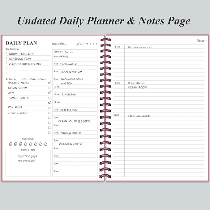 Daily Planner Undated - B5 To Do List Notebook Hourly Schedules, Spiral Appointment Planner for Women and Men, PVC Hardcover, Inner Pocket, Elastic Closure, 7" x 10", Pink
