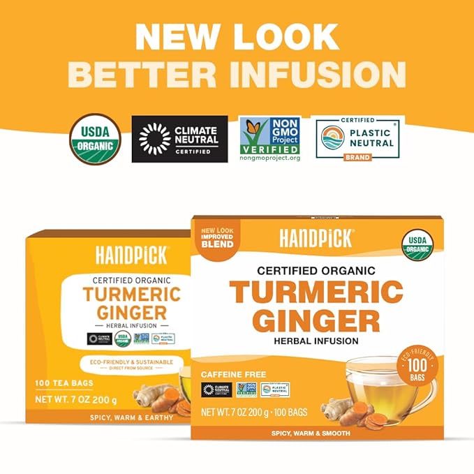 HANDPICK, Organic Turmeric Ginger Tea (100 Tea Bags) | Authentic Indian Origin | Caffeine Free, Gluten Free, Non-GMO | 100% Pure Herbal Blend - Savory & Spicy I Ecofriendly round tea bags