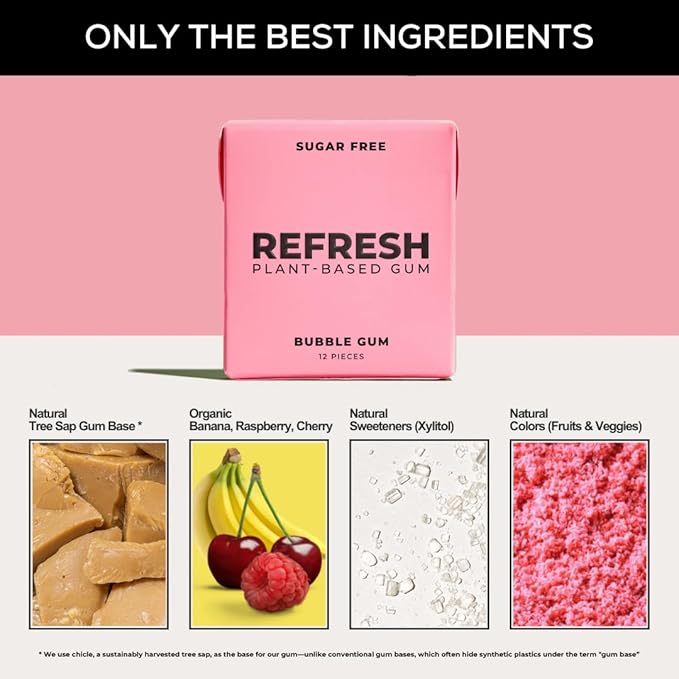 Refresh Gum, Xylitol, Sugar Free, Natural, Chewing Gum, Natural Flavors & Organic Ingredients, Plant-Based, Plastic Free, Non GMO, Gluten Free, Vegan, Bubble Gum Flavor, 12 Pcs, 12 Pack