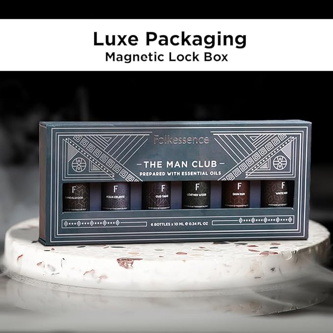 Folkulture Essential Oils Set for Men | Set of 6 (0.34 Fl Oz or 60ml) Diffuser Oils for Home | Oud Tabac, Sandalwood, Leather Wood | Fragrance Oil