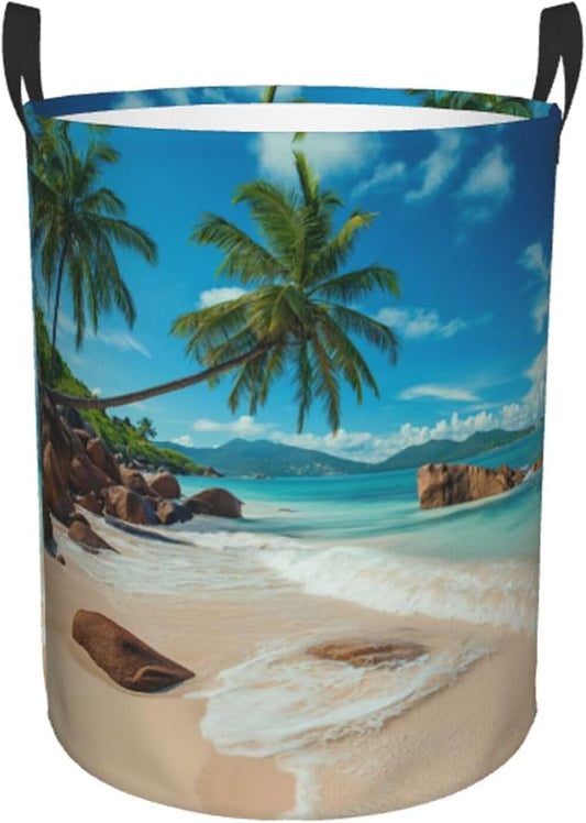 Laundry Basket Seaside Palm Trees Collapsible Large Capacity, 63L Dirty Clothes Basket Durable Lightweight Hamper With Handles Ideal For Clothes,Toys Home Organization15.7 * 19.6in