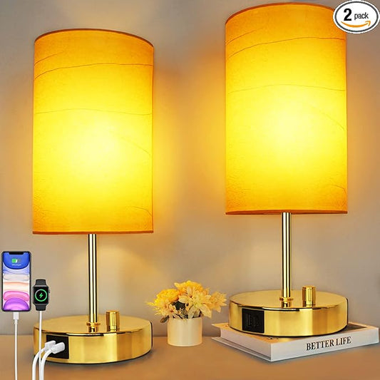 HiBay 17.75" H Dimmable LED Bedside Table Lamps Set of 2with USB Charging Ports & AC Outlet, Modern Gold Nightstand Lights for Bedroom, Office, Living Room, Kids Room, E26 Bulb Included