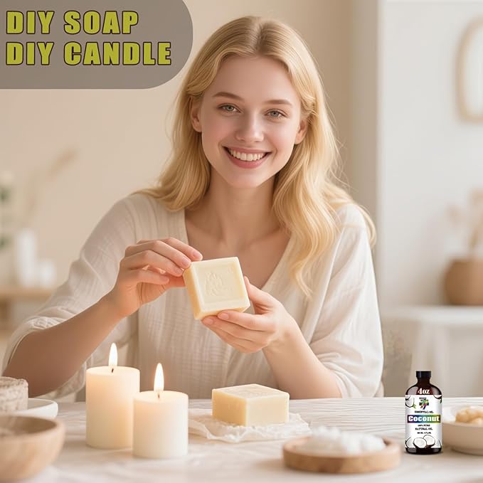 Coconut Essential Oil (4 oz/120 ml) — Coconut Oils for Aromatherapy, diffusers, humidifiers, Home fragrances, DIY Skincare, soap Making, DIY Candle Making, Relaxation, Yoga, and Meditation