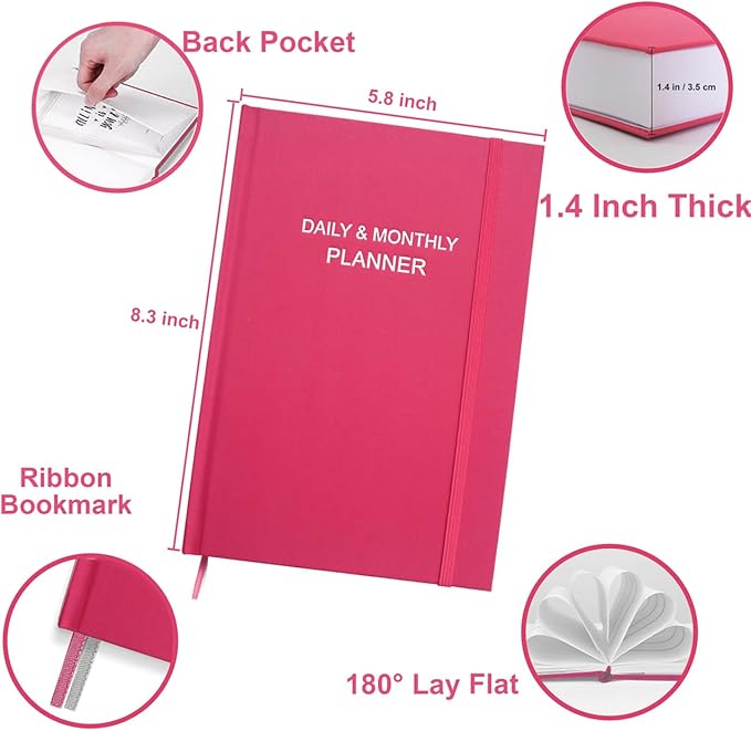 Daily & Monthly Planner for 2025 2026 or Anytime - ADHD Planner Two Pages Per Day, Daily Planner Undated to Increase Focus, Eliminate Overwhelm, Achieve Your Biggest Goals, 5.8'' × 8.3'', Pink