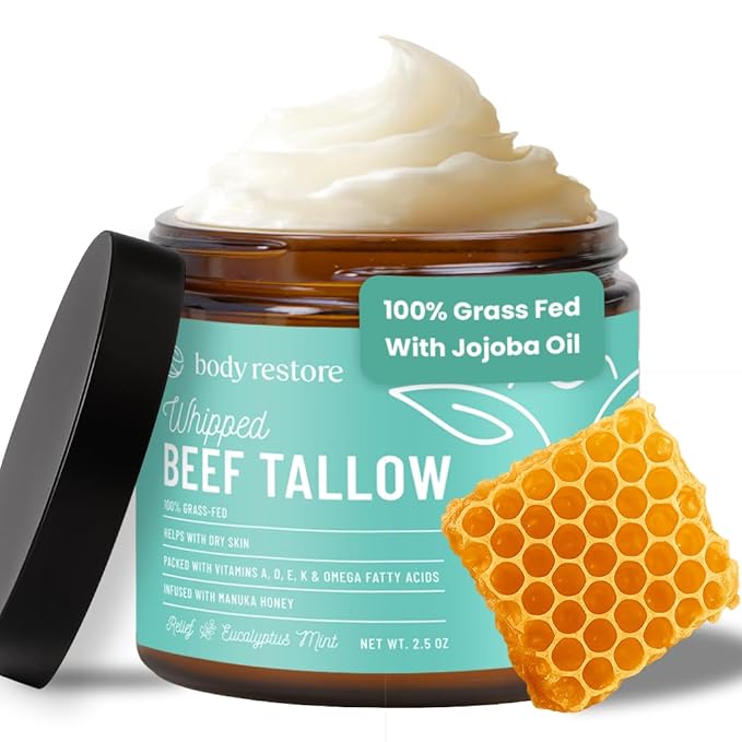 Body Restore Grass Fed Whipped Beef Tallow for Dry Skin, Face - Manuka Honey, Jojoba Oil, Christmas Stocking Stuffers, White Elephant, Birthday Gifts for Women, Men, Travel Essentials - Eucalyptus